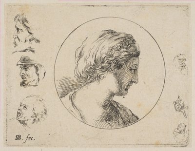 Plaka 4: Profildeki Bir Kadının Başı, çeşitli karalamalar ve et..., ca. 1646. by Stefano della Bella