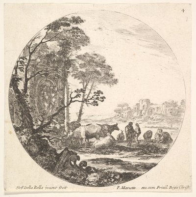 Levha 4: Ön planda solda yerde bir Korint sütun başlığı, bir anıt w..., ca. 1643-48. by Stefano della Bella