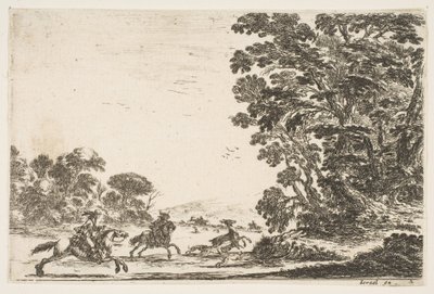 Levha 4: bir geyik avı, iki atlı, arkada üç köpek ve bir geyiğin sola doğru dörtnala gidişi..., 1642. by Stefano della Bella