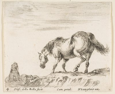 Levha 4: Sola bakan profilde bir at, bir höyükten inmek üzere, bir at..., yakl. 1644-47. by Stefano della Bella