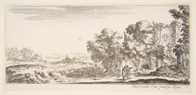 Levha 4: Sağdaki harabeleri gözlemleyen iki hacı, biri sağa doğru işaret ediyor, bir çoban..., yakl. 1641. by Stefano della Bella