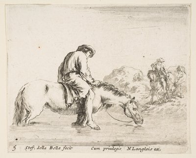 Plaka 5: nehri geçen at sırtında yalınayak bir köylü, at üzerinde başka bir köylü..., yakl. 1644-47. by Stefano della Bella