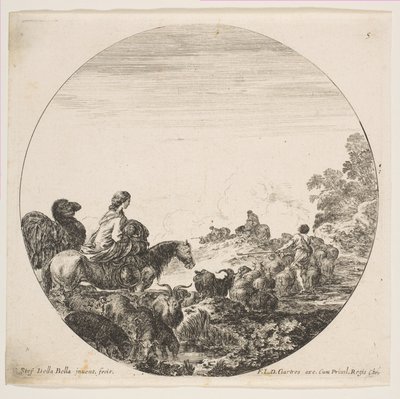 Levha 5: Solda at üzerinde bir çocuk taşıyan bir kadın, onu takip eden bir deve, bir sürü..., yakl. 1646. by Stefano della Bella