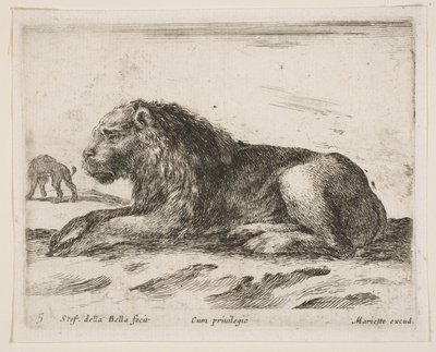 Levha 5: Yatan aslan, çeşitli hayvanlardan Diversi animali, 1641. by Stefano della Bella