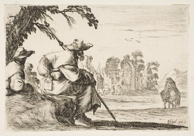 Levha 5: Solda şapkalı iki hacı, arkadan görülüyor, bir atlı savaşa gidiyor..., 1642. by Stefano della Bella