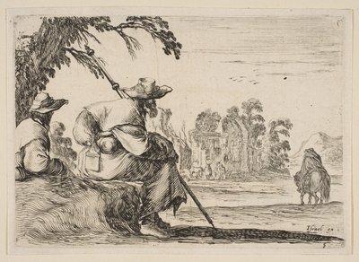 Levha 5: Solda şapkalı iki hacı, arkadan görülüyor, bir atlı savaşa gidiyor..., 1642. by Stefano della Bella