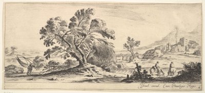 Levha 6: Sola ağ taşıyan bir balıkçı, sağa doğru bir derede iki atlı, bir ağaç..., yakl. 1641. by Stefano della Bella