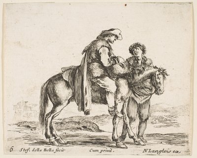 Levha 6: profilde at sırtında, sağa bakan, bir sepet tutan bir köylü ve..., yakl. 1644-47. by Stefano della Bella