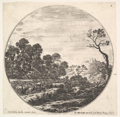 Plaka 6: Bir vadiyi geçen inekler sola, bir grup ağaç sola, bir atlı ve o..., yakl. 1643-48. by Stefano della Bella