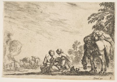 Levha 6: iki kadın, biri çocuğu emziren, bir köpeğin yanında oturan ve bir yük taşıyan bir at..., 1642. by Stefano della Bella