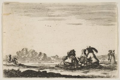 Levha 7: Ortada oturan, arkadan görülen, soylu bir kadın denizle sohbet eden iki soylu..., 1642. by Stefano della Bella