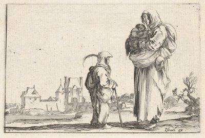 Levha 7: Bir çocuğu sağa taşıyan bir köylü kadın, ayakta duran başka bir çocukla konuşuyor..., yakl. 1642. by Stefano della Bella