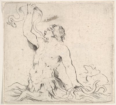 Levha 7: suda bir triton, yüzü sola dönük, sağ elinde bir yılan balığı tutuyor ve..., yakl. 1646. by Stefano della Bella