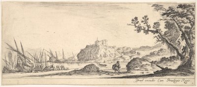 Levha 7: kıyıda sola doğru çeşitli tekneler, arkadan görülen bir çanta taşıyan bir adam ve ..., yakl. 1641. by Stefano della Bella