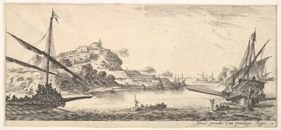 Levha 8: Bir kadırganın solunda ve sağda başka bir kadırganın pruva, arkadan bakıldığında..., yakl. 1641. by Stefano della Bella