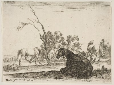 Levha 8: Sağda oturan, arkadan görülen ve sola dönen bir at, diğer üç hor..., 1642. by Stefano della Bella