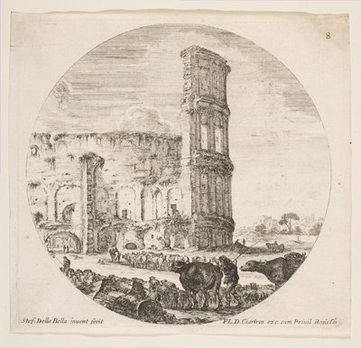 Levha 8: Kolezyum, önden amfitiyatroya doğru yönlendirilen iki sürü..., yakl. 1646. by Stefano della Bella