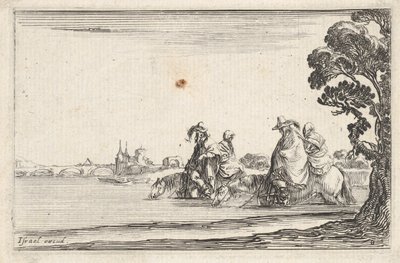 Levha 8: Sağda şapkalı iki atlı, her birinin arkasında oturan bir kadın..., yakl. 1642. by Stefano della Bella