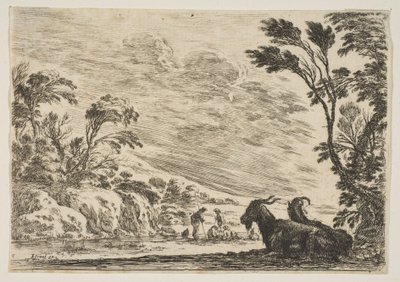 Levha 9: Sağa yaslanmış, sola dönmüş iki keçi, dört adam ve bir at..., 1642. by Stefano della Bella