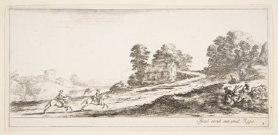 Plaka 9: solda iki atlı sağa doğru yokuş yukarı dörtnala, bir at ve oturan m..., yakl. 1641. by Stefano della Bella