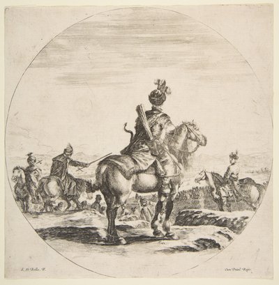 Ok ve yaylı Polonyalı atlı, atı sağa dönük olarak arkadan görülüyor, bir ..., yakl. 1651. by Stefano della Bella
