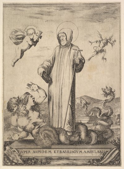 Saint Jean Gualbert, iki insan başlı ve yılan gibi gövdeli bir canavarı eziyor, bir sinek..., 1640. by Stefano della Bella
