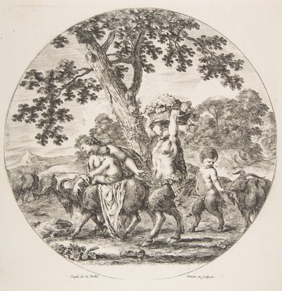 İki keçi ve bir sepet üzümle sola doğru yürüyen Satyr ailesi, yak. 1657. by Stefano della Bella