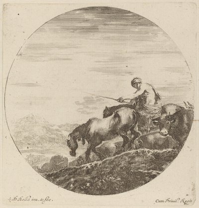 Çeşitli Hayvanlar Sürüsü Süren Bir At Üzerinde Çoban by Stefano della Bella