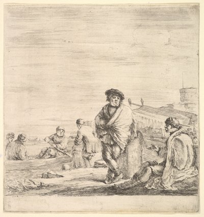 Ortada duran denizci, oturmuş bir Levanten adamla konuşuyor, solda, profilde görülüyor..., yakl. 1658-63. by Stefano della Bella