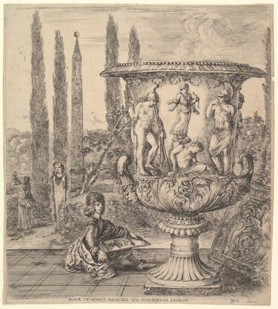 Medici vazosu, sağda büyük bir vazo, kurbanın temsili ile süslenmiştir..., 1656. by Stefano della Bella