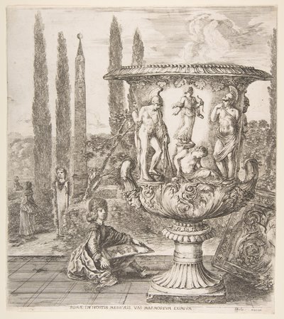 Medici vazosu, sağda büyük bir vazo, kurbanın temsili ile süslenmiştir..., 1656. by Stefano della Bella