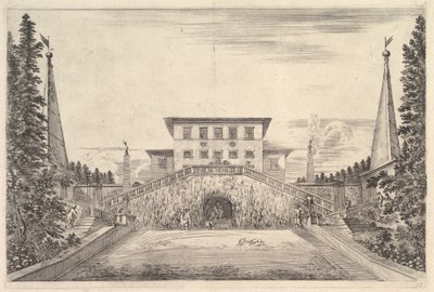 Dört dikilitaşla çevrili merkezdeki villa, her iki tarafa da bir merdiven, bir heykel ..., ca. 1653. by Stefano della Bella