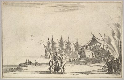 Merkezde şapkalı üç adam ayakta, bir gemiyi sağa sabitleyen adamlar, beş gemi ve çeşit..., 1639. by Stefano della Bella