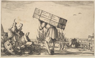 Başlık sayfası: ortada sırt çantası taşıyan bir adam, ona bakan üç adam ..., 1639. by Stefano della Bella