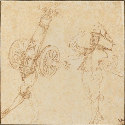 Maskeli Balo Kostümlü İki Adam: Top Atışı ve Fare Kapanı İçinde Bir Kedi, c. 1645. by Stefano della Bella