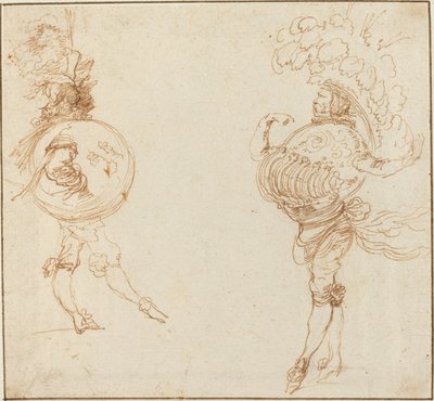 Maskeli Balo Kostümlü İki Adam: Dünya ve Geçit Töreni Miğferi, c. 1645. by Stefano della Bella