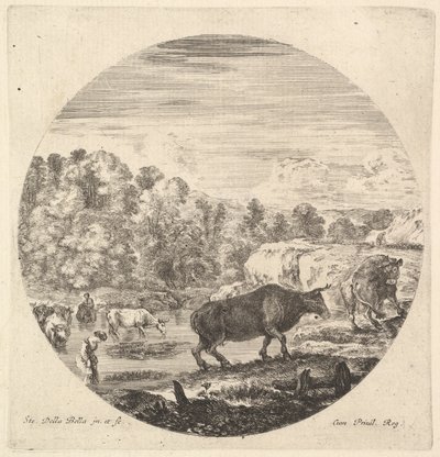 Merkezde iki inek, ardından nehirdeki iki köylü kadın ve diğer inekler..., ca. 1643-48. by Stefano della Bella