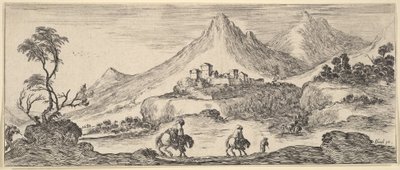 İki atlı ortadaki bir tepeye iner, yürüyerek başka bir adamı takip eder, ..., ca. 1641. by Stefano della Bella