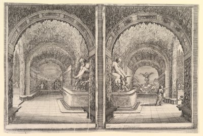 Bir mağaranın iki görünümü, her ikisinde de oturmuş bir heykeli olan bir çeşme, ..., ca. 1653. by Stefano della Bella