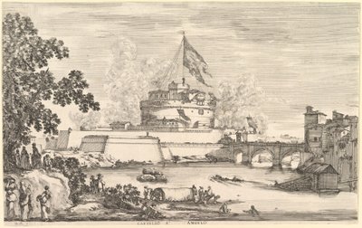 Tiber nehrinin görünümü, solda büyük bir ağaç, önde iki grup kadın..., ca. 1656. by Stefano della Bella