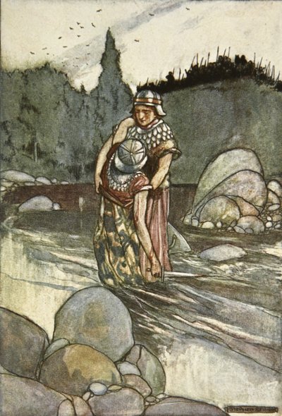 Ferdia Cuchulain'in Eliyle Düşüyor, Eleanor Hull'un (1860-1935) 'Cuchulain, The Hound of Ulster'dan bir çizim by Stephen Reid