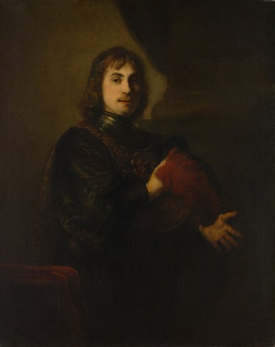 Göğüs Zırhlı ve Tüylü Şapkalı Bir Adamın Portresi. by Style of Rembrandt