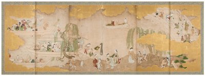 Kiraz Çiçekleri Altında Piknik ve
Nehirde Kayıkla Gezinti, 18. yüzyıl ortaları (Altı panelli ekran çifti; mürekkep, renk ve altın
kağıt üzerinde) by Sukenobu Nishikawa