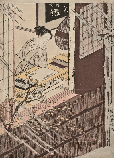 Yağmura bakan bir yazı masasında oturan bir kadın by Suzuki Harunobu