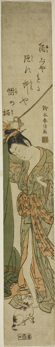 Sivrisinek Ağı Tamir Eden Bir Kediye Aşağı Bakan Güzel by Suzuki Harunobu