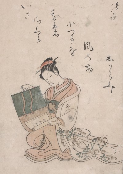 Beauty Unrolling Scroll, c.1770 (Japon kağıdına renkli gravür) by Suzuki Harunobu
