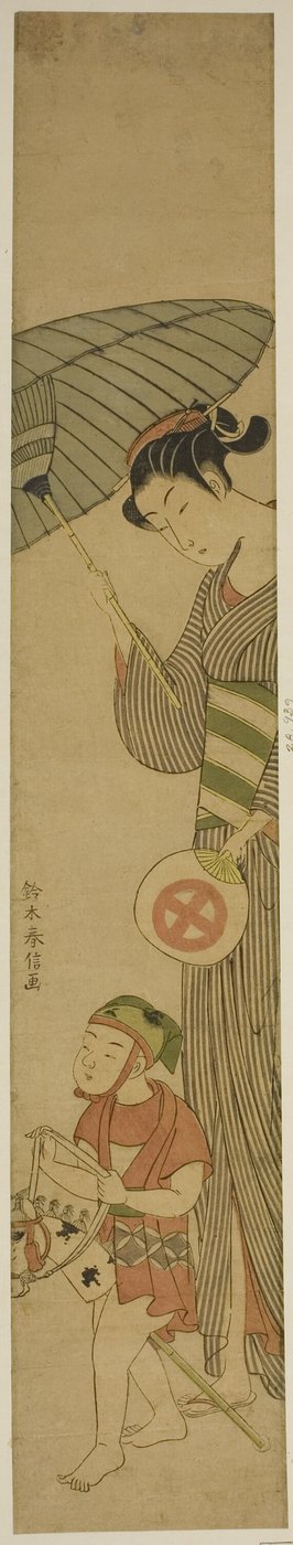 Çocuk Hobi Atında Ardından Şemsiye Tutan Kadın by Suzuki Harunobu
