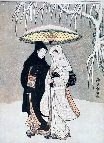 Karga ve Balıkçıl veya Kar Fırtınasında Bir Şemsiye Altında Birlikte Yürüyen Genç Aşıklar, c1769. by Suzuki Harunobu