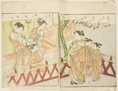 Ciltten Çift Sayfalık Çizim. 2 "Bahar Brokarları Resimli Kitabı (Ehon haru no nishiki)" by Suzuki Harunobu