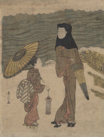 Siyah Kapüşonlu ve Şemsiyeli Bayan Genç Görevliyle Yürüyüşe Çıkıyor. by Suzuki Harunobu
